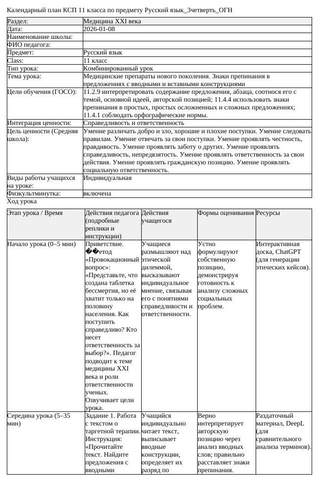 КСП Русский язык 11 класс 3 четверть ОГН Медицинские препараты нового (урок 2)