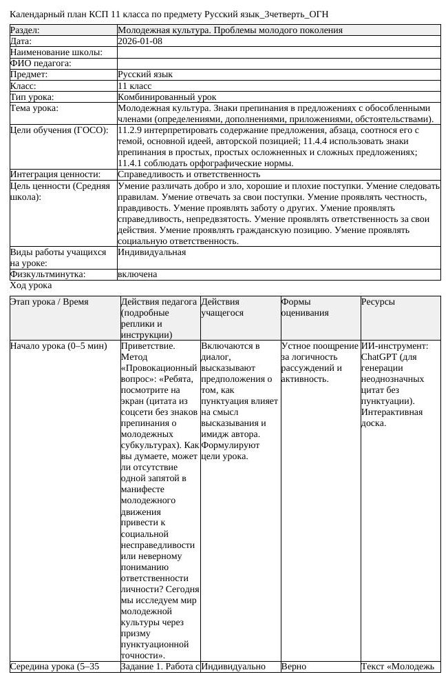 КСП Русский язык 11 класс 3 четверть ОГН Молодежная культура Знаки (урок 1)