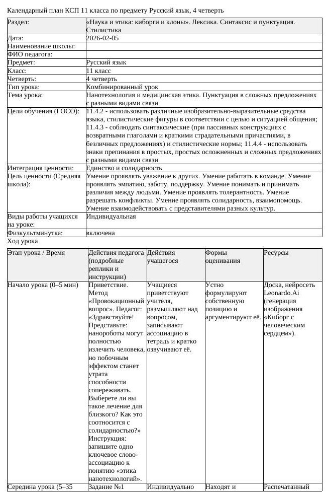 КСП Русский язык 11 класс ЕМН 4 четверть Нанотехнология и медицинская