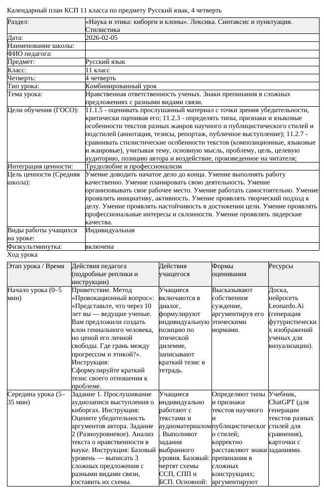 КСП Русский язык 11 класс ЕМН 4 четверть Нравственная ответственность
