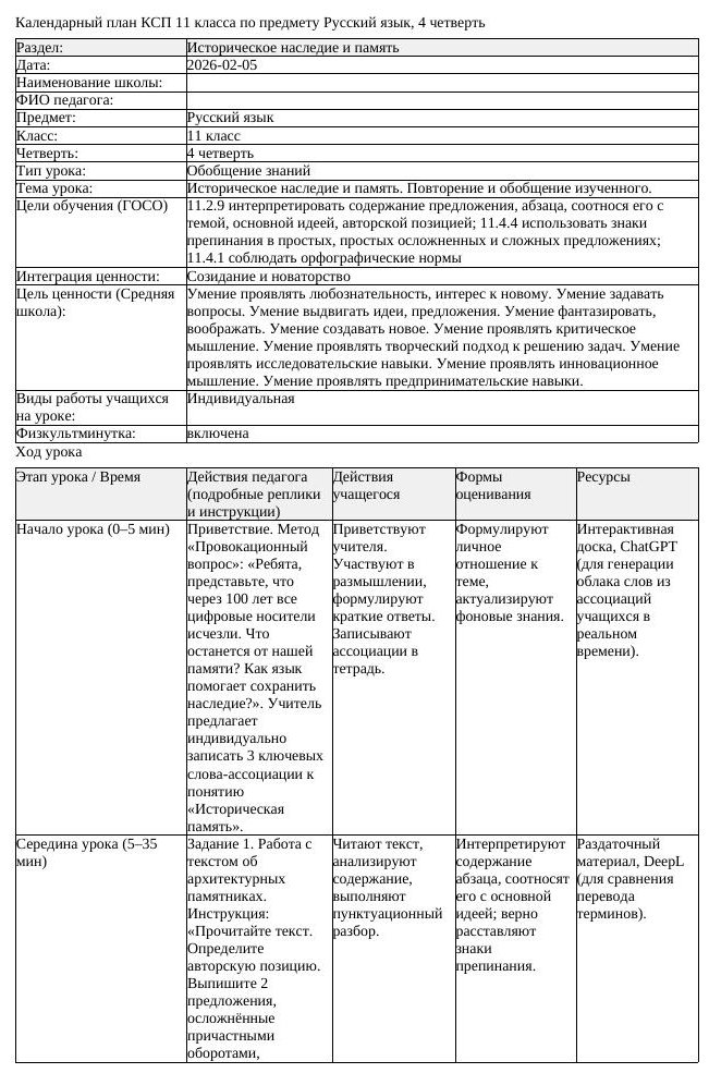 КСП Русский язык 11 класс ОГН 4 четверть Историческое наследие и память