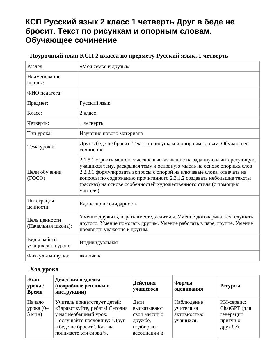 КСП Русский язык 2 класс 1 четверть Друг в беде не бросит. Текст по рисункам и опорным словам. Обучающее сочинение