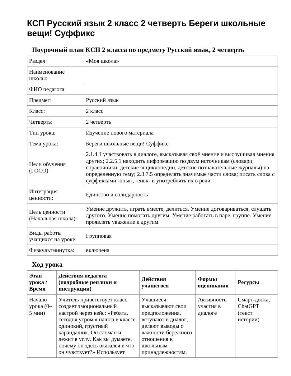 КСП Русский язык 2 класс 2 четверть Береги школьные вещи! Суффикс