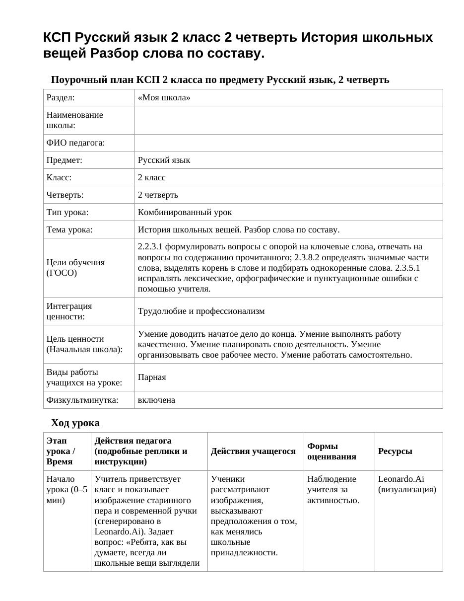 КСП Русский язык 2 класс 2 четверть История школьных вещей Разбор слова по составу.