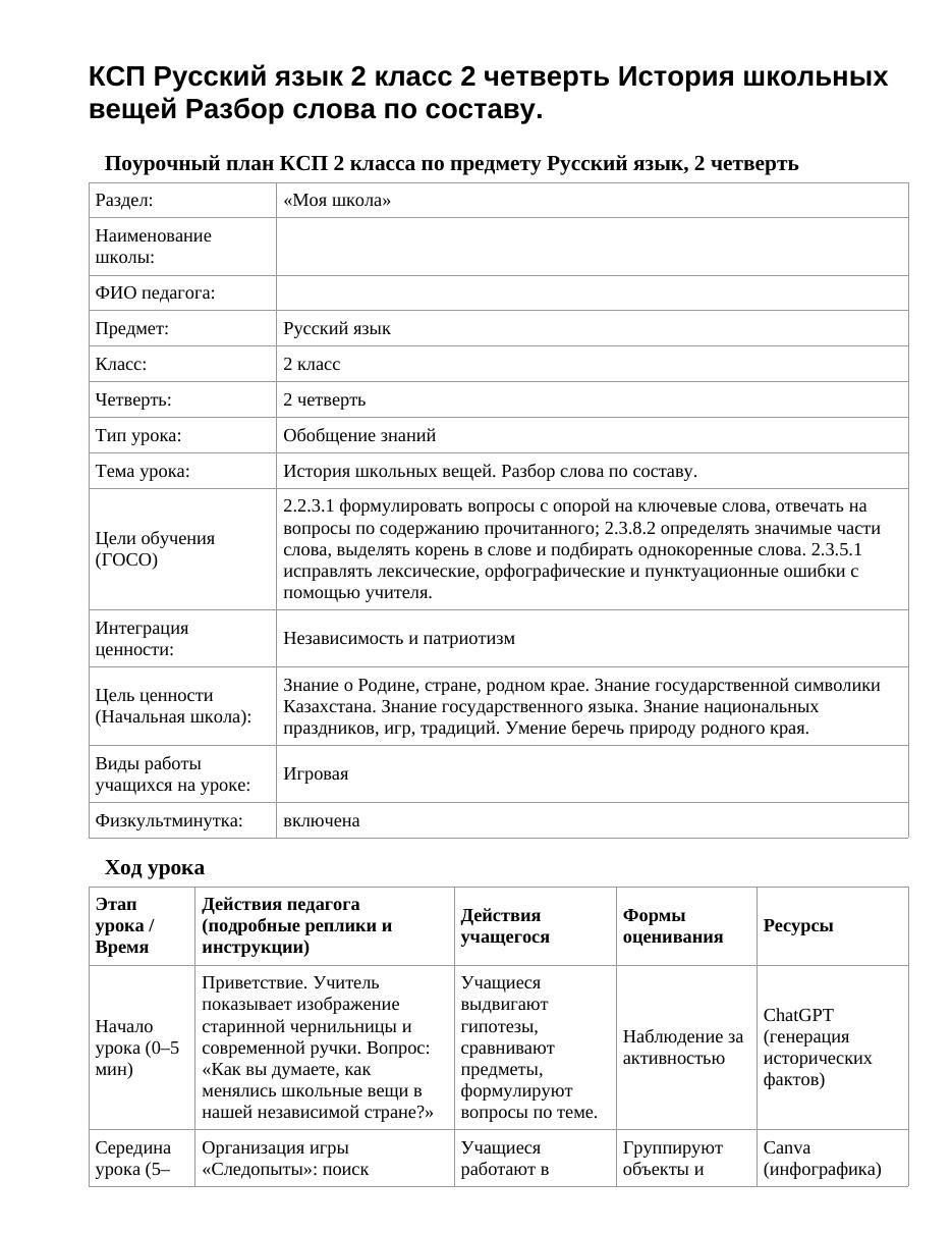 КСП Русский язык 2 класс 2 четверть История школьных вещей Разбор слова по составу.