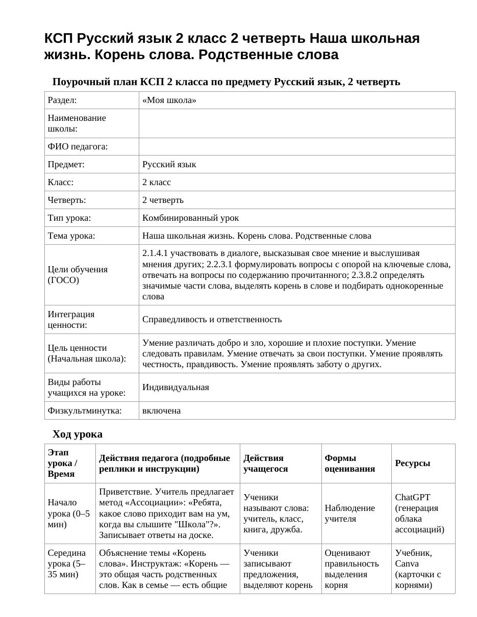 КСП Русский язык 2 класс 2 четверть Наша школьная жизнь. Корень слова. Родственные слова