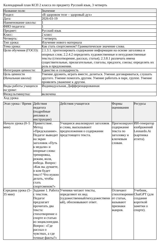 КСП Русский язык 2 класс 3 четверть Как стать спортсменом Грамматическое