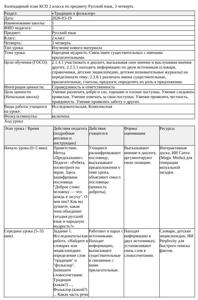 КСП Русский язык 2 класс 3 четверть Народная мудрость Связь имен