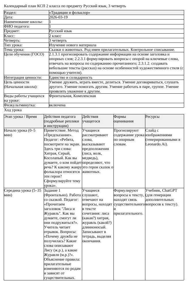 КСП Русский язык 2 класс 3 четверть Сказки о животных Род имен прилагательны