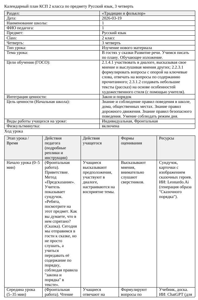 КСП Русский язык 2 класс 3 четверть В гостях у сказки Развитие речи