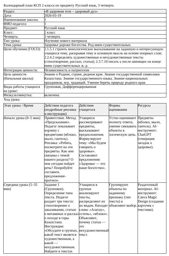 КСП Русский язык 2 класс 3 четверть Здоровье дороже богатства Род (урок 3)