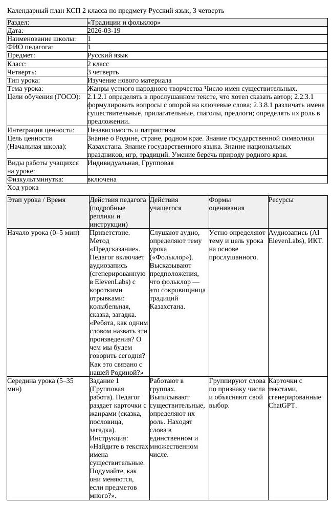КСП Русский язык 2 класс 3 четверть Жанры устного народного творчества (урок 1)