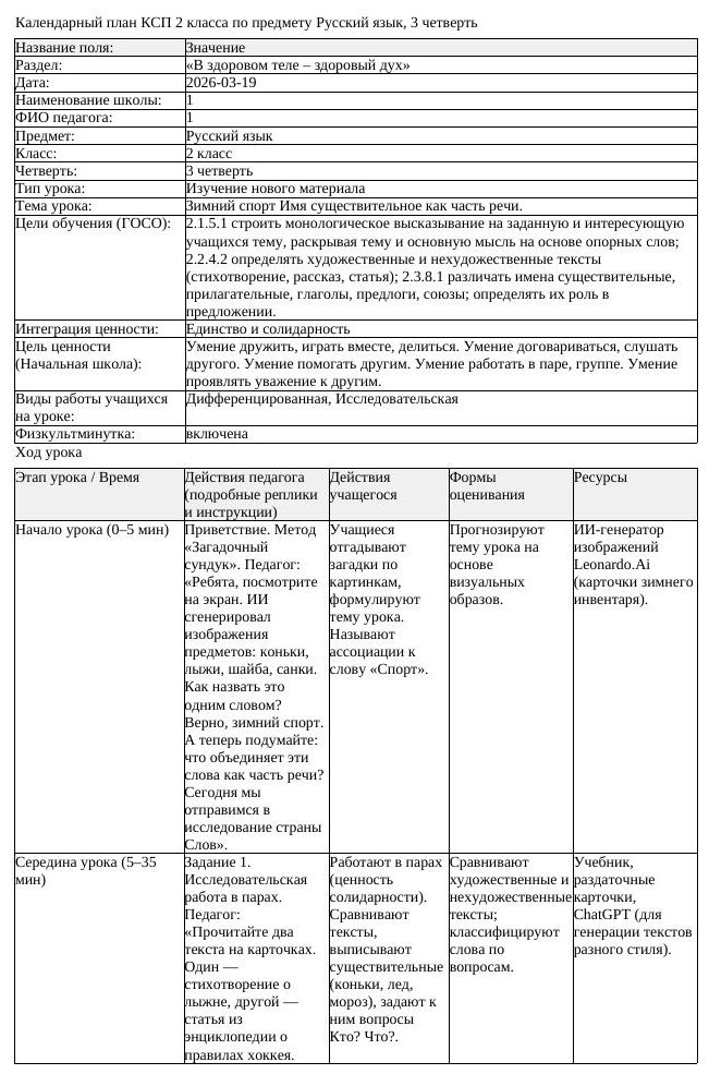 КСП Русский язык 2 класс 3 четверть Зимний спорт Имя существительное