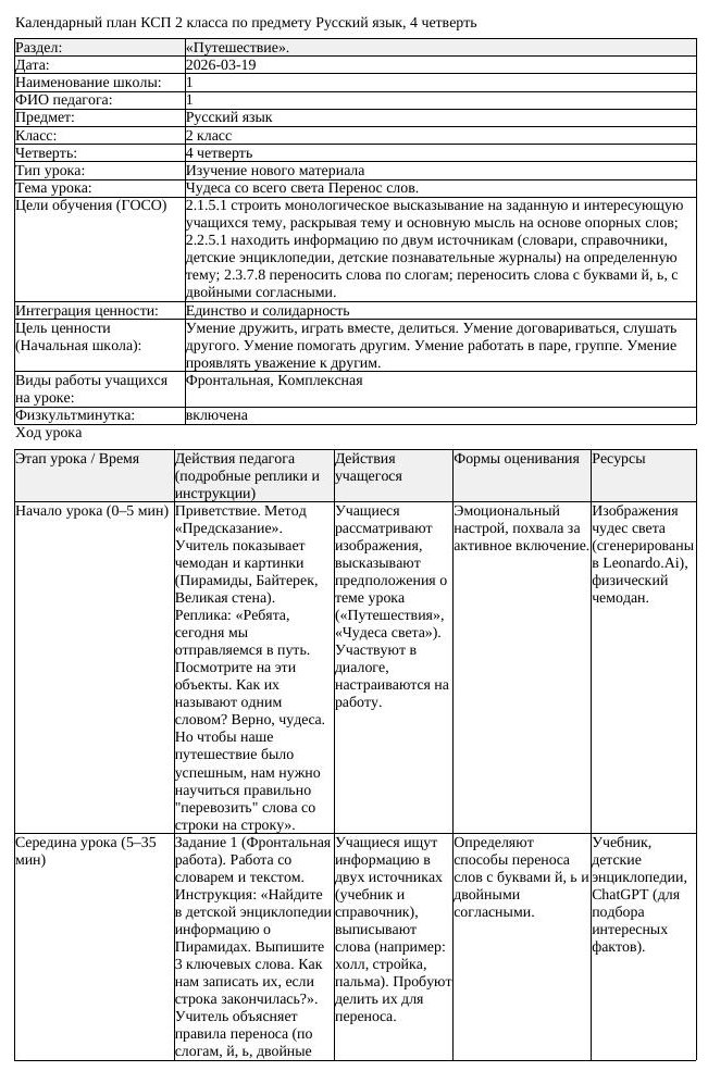 КСП Русский язык 2 класс 4 четверть Чудеса со всего света Перенос (урок 1)