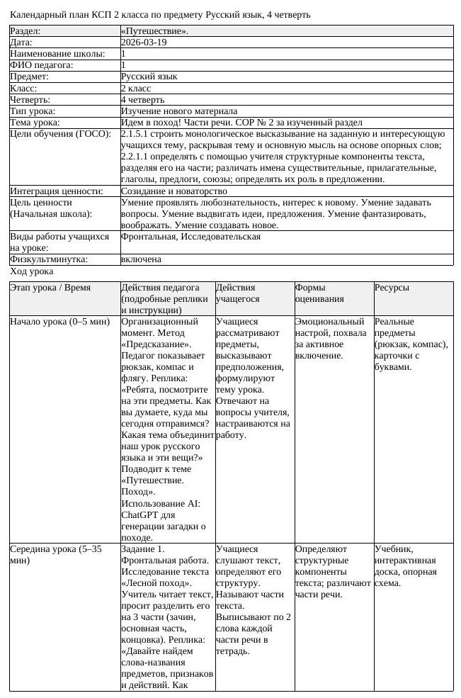 КСП Русский язык 2 класс 4 четверть Идем в поход Части речи СОР 2 (урок 2)