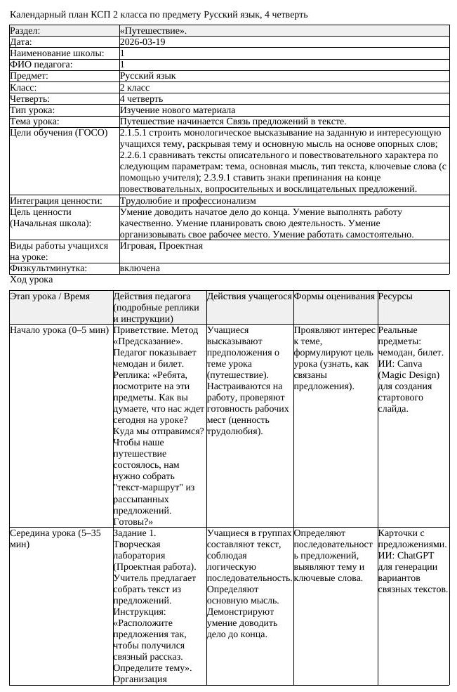 КСП Русский язык 2 класс 4 четверть Путешествие начинается Связь (урок 1)