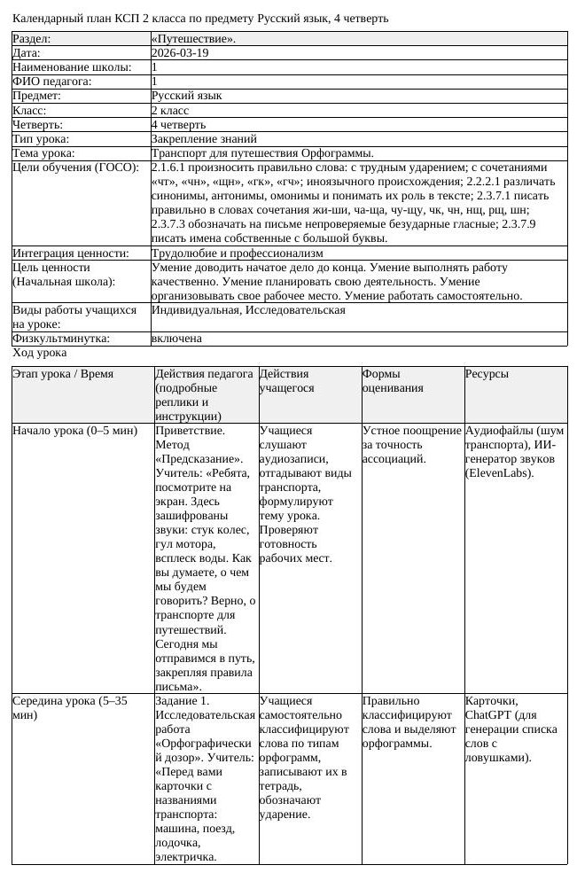 КСП Русский язык 2 класс 4 четверть Транспорт для путешествия Орфограммы (урок 3)