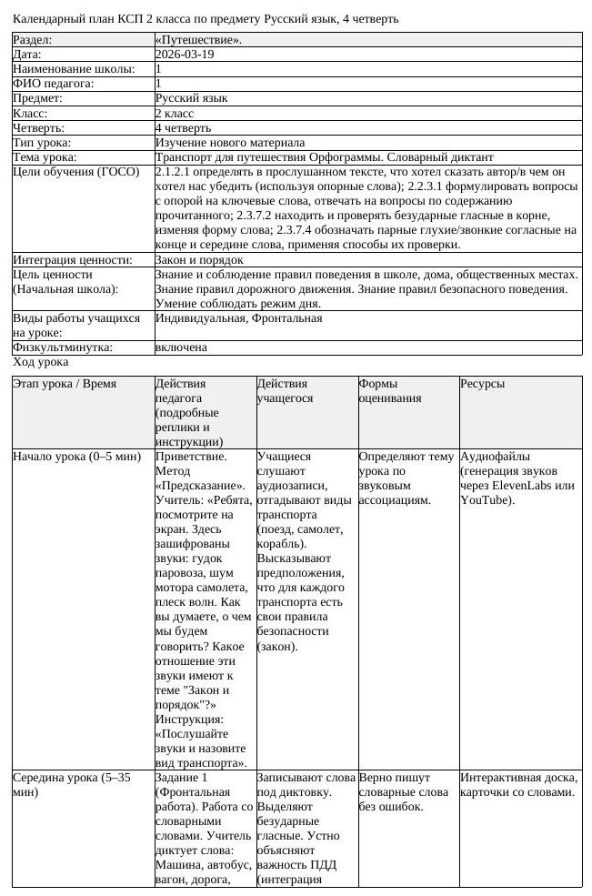 КСП Русский язык 2 класс 4 четверть Транспорт для путешествия Орфограммы (урок 2)