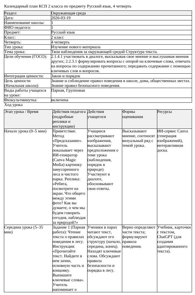 КСП Русский язык 2 класс 4 четверть Твои наблюдения за окружающей (урок 1)