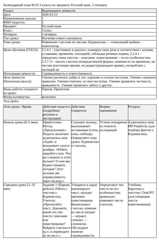 КСП Русский язык 3 класс 3 четверть Изменение глаголов почислам Курмангазы