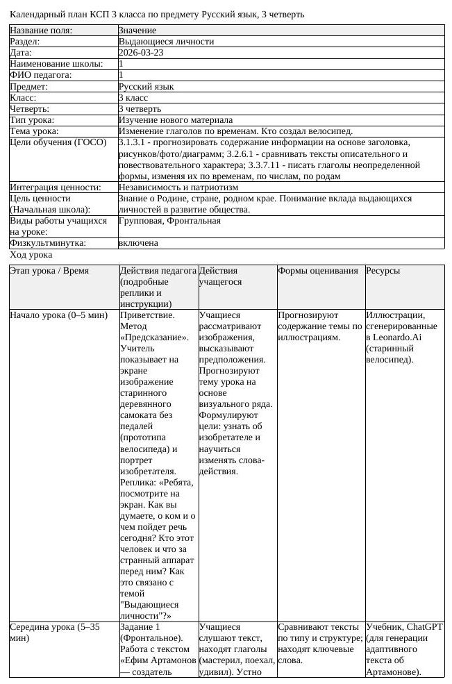 КСП Русский язык 3 класс 3 четверть Изменение глаголов по временам (урок 2)