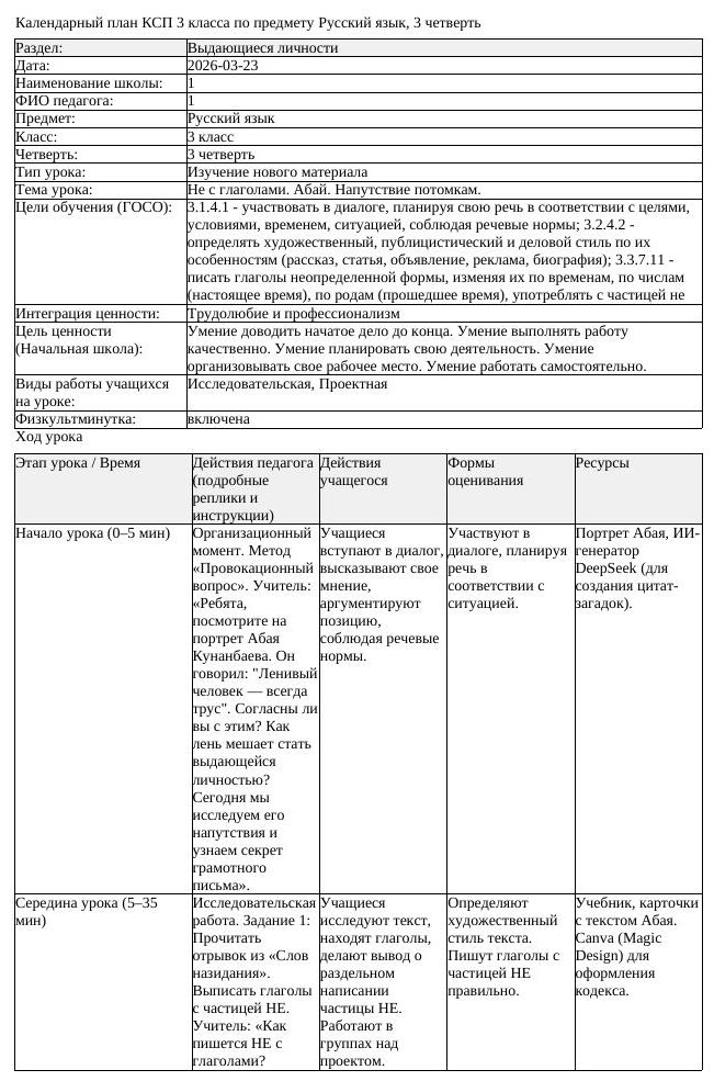 КСП Русский язык 3 класс 3 четверть Не с глаголами Абай Напутствие