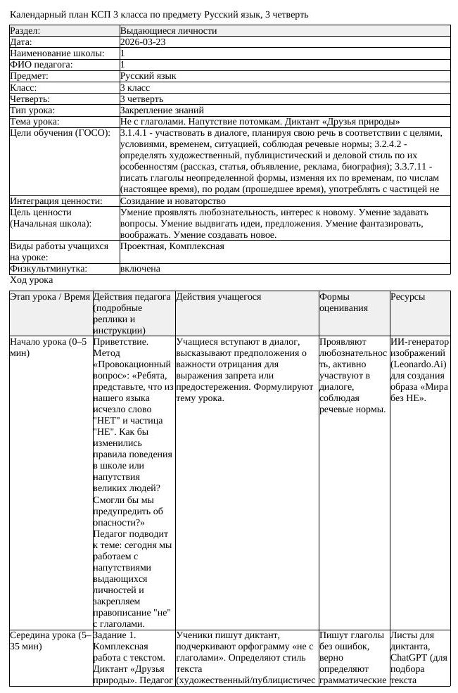 КСП Русский язык 3 класс 3 четверть Не с глаголами Напутствие потомкам