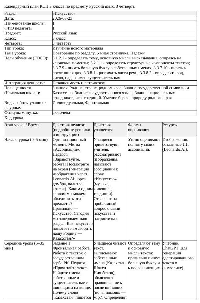 КСП Русский язык 3 класс 3 четверть Повторение по разделу Умная страничка (урок 1)