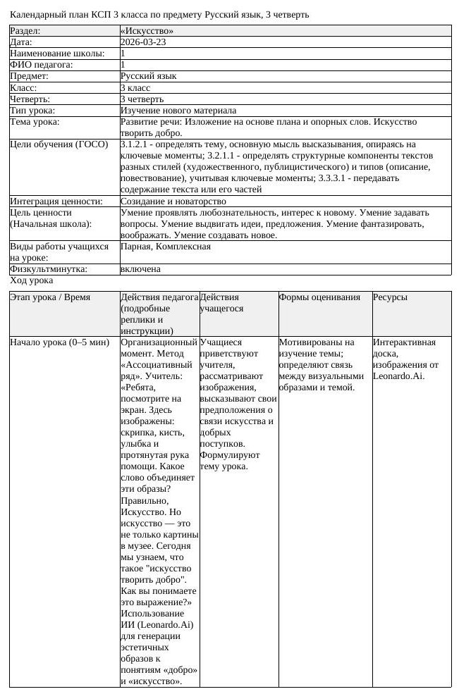 КСП Русский язык 3 класс 3 четверть Развитие речи Изложение на основе