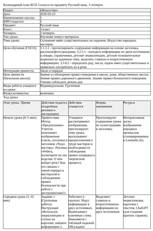 КСП Русский язык 3 класс 3 четверть Склонение имён существительных