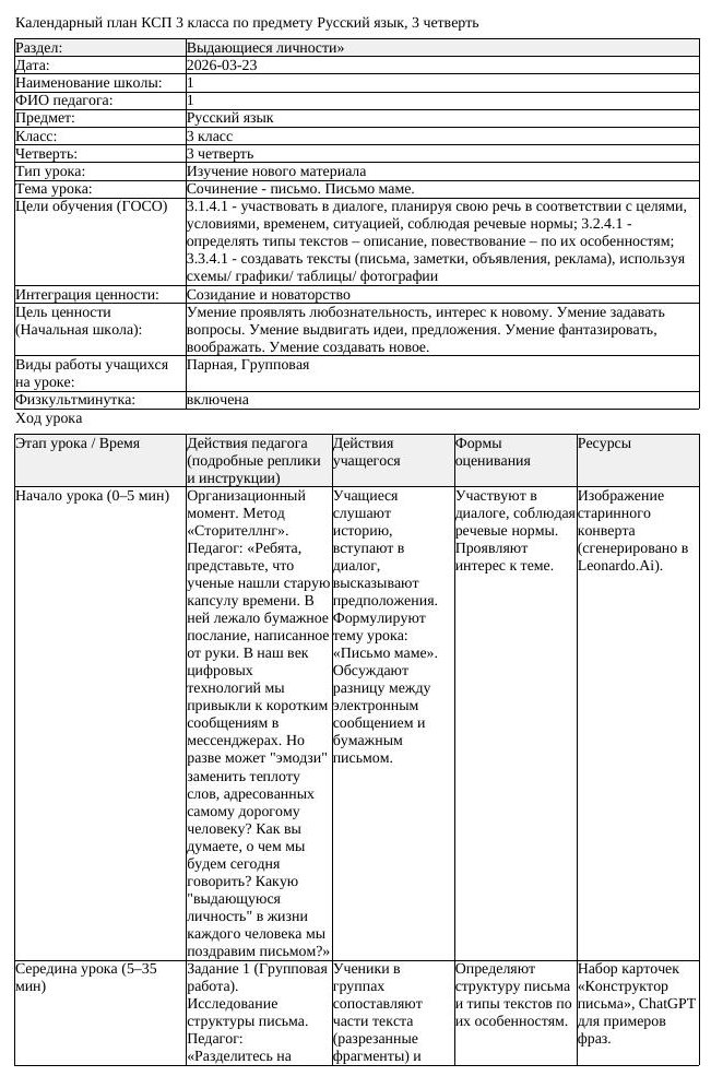 КСП Русский язык 3 класс 3 четверть Сочинение письмо Письмо маме