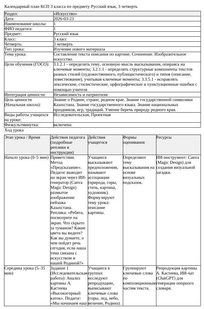 КСП Русский язык 3 класс 3 четвертьСоставление текста описания по