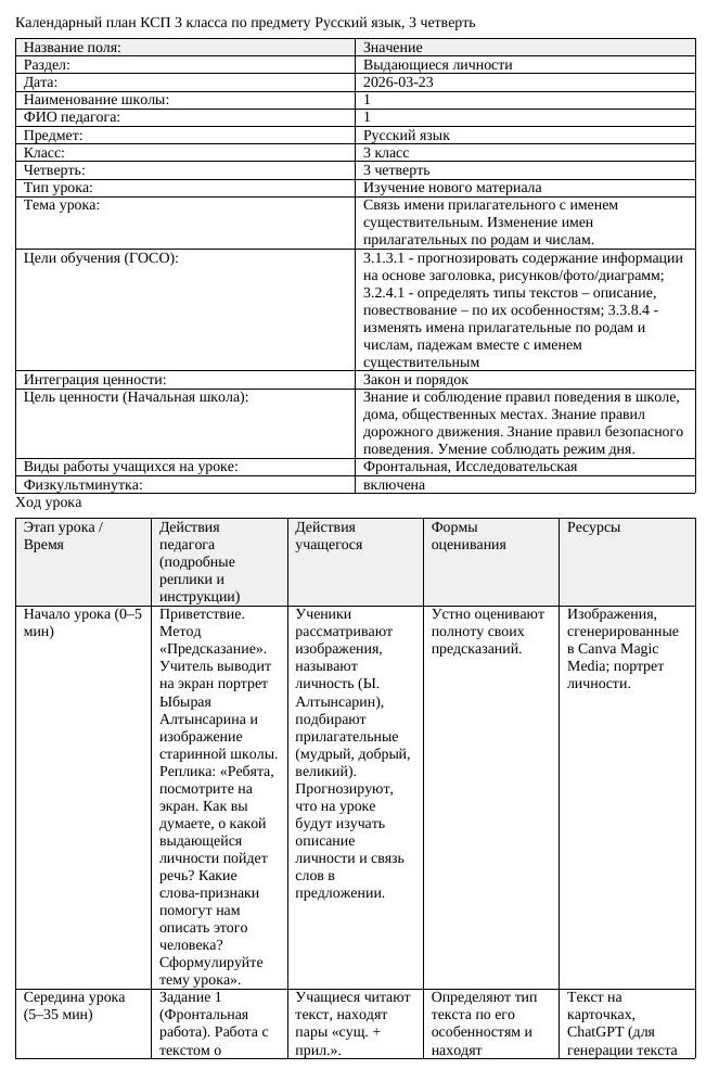 КСП Русский язык 3 класс 3 четверть Связь имени прилагательного с
