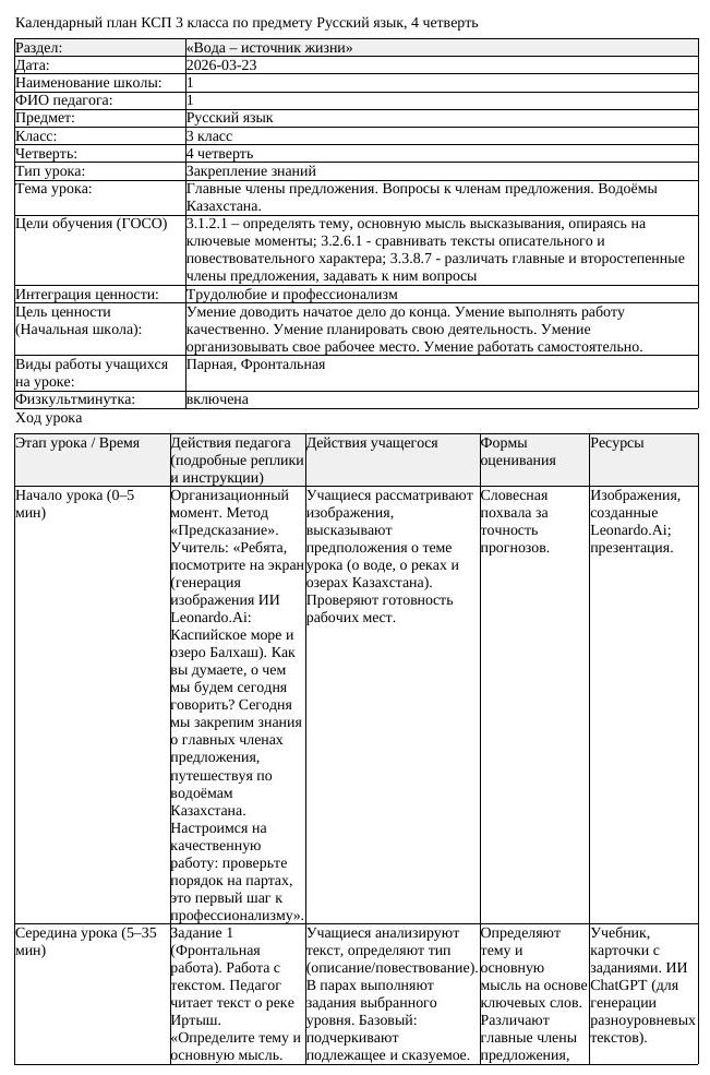 КСП Русский язык 3 класс 4 четверть Главные члены предложения Вопросы (урок 2)