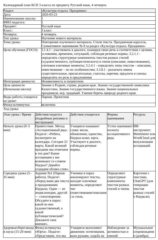 КСП Русский язык 3 класс 4 четверть Повторение изученного материала (урок 1)