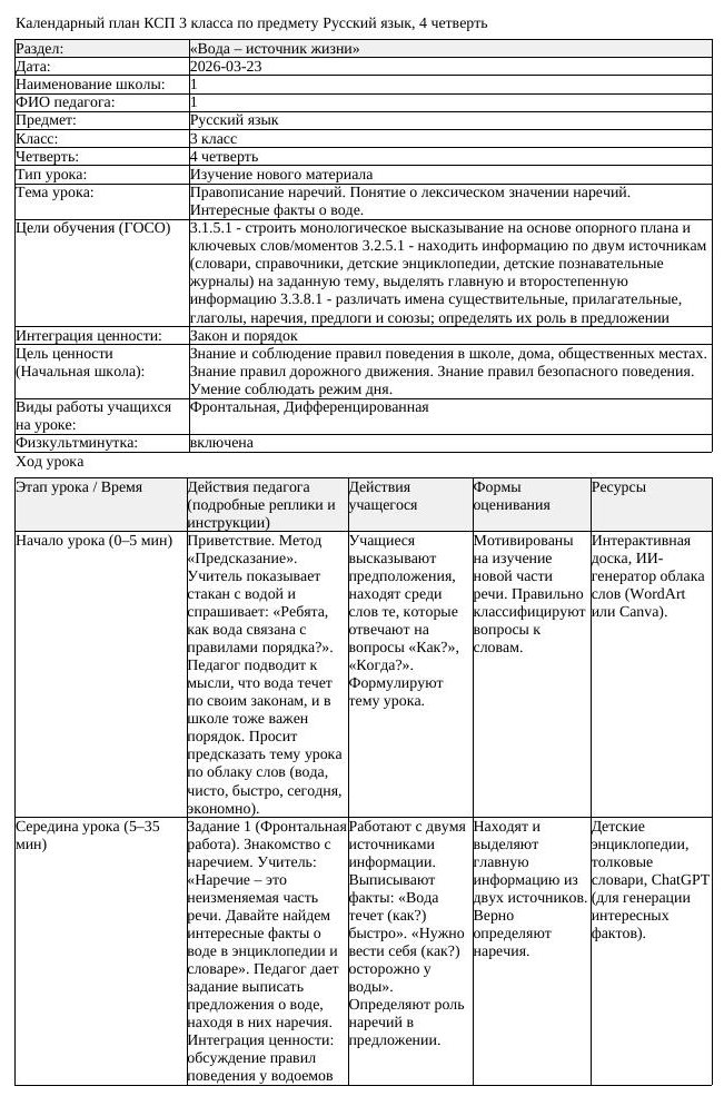КСП Русский язык 3 класс 4 четверть Правописание наречий Понятие (урок 2)