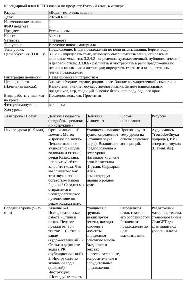 КСП Русский язык 3 класс 4 четверть Предложение Виды предложений