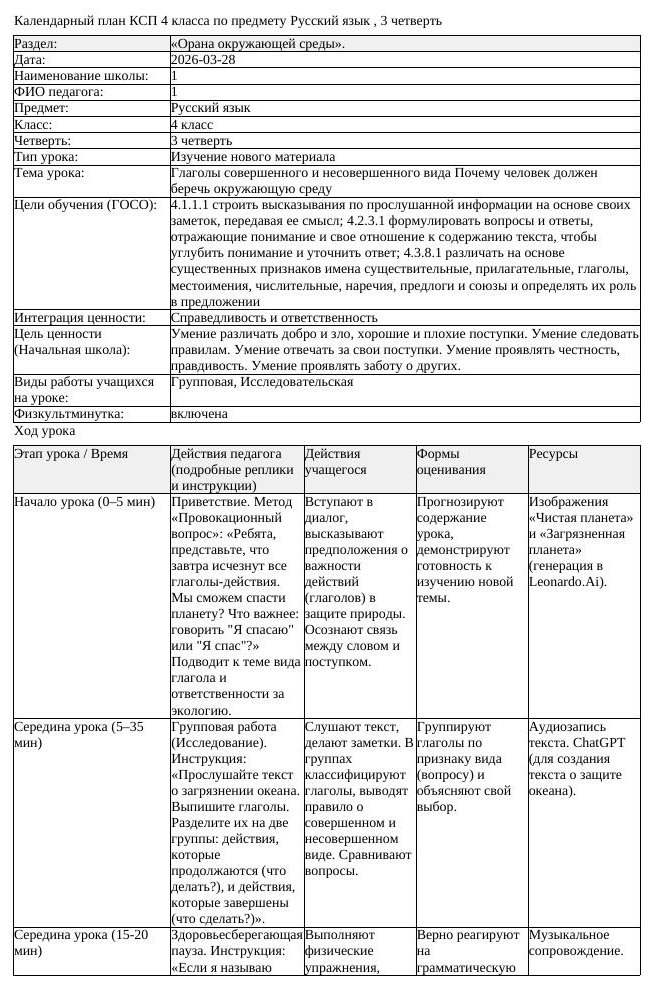 КСП Русский язык 4 класс 3 четверть Глаголы совершенного и несовершенного