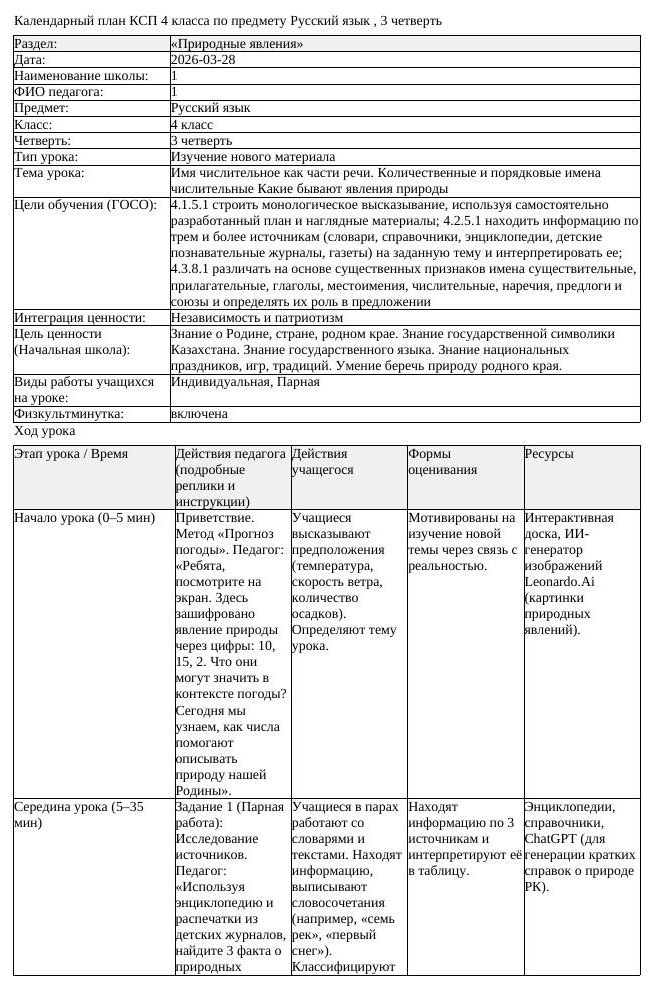 КСП Русский язык 4 класс 3 четверть Имя числительное как части речи