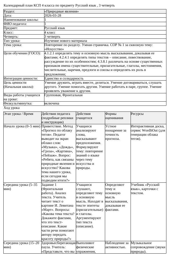 КСП Русский язык 4 класс 3 четверть Повторение по разделу Умная страничка (урок 2)