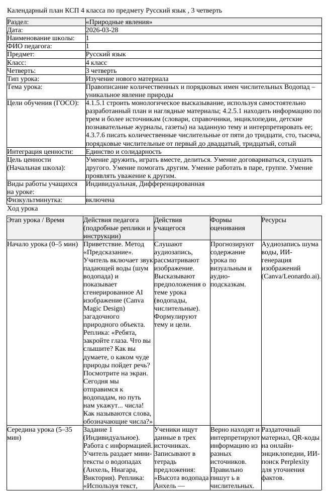 КСП Русский язык 4 класс 3 четверть Правописание количественных и