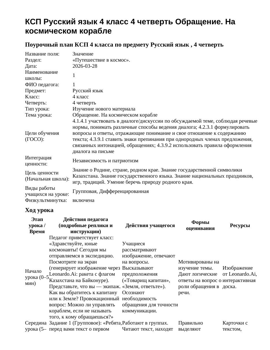 КСП Русский язык 4 класс 4 четверть Обращение. На космическом корабле