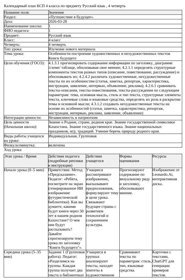 КСП Русский язык 4 класс 4 четверть Особенности построения художественных (урок 3)
