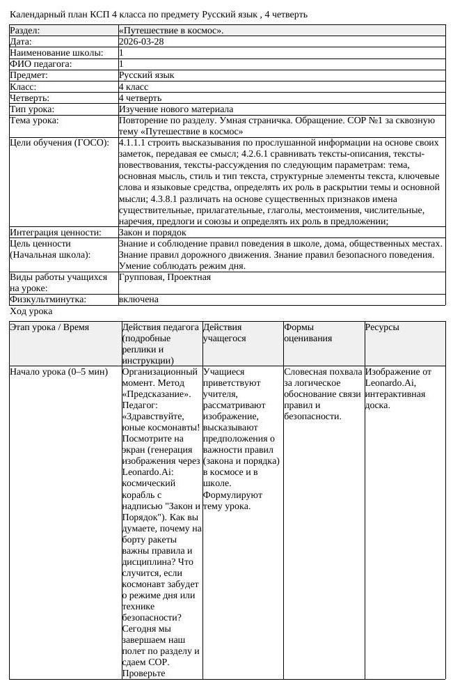 КСП Русский язык 4 класс 4 четверть Повторение по разделу Умная страничка (урок 2)