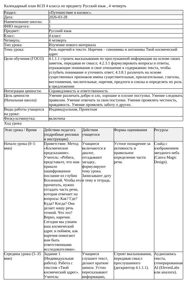 КСП Русский язык 4 класс 4 четверть Роль наречий в тексте Наречия