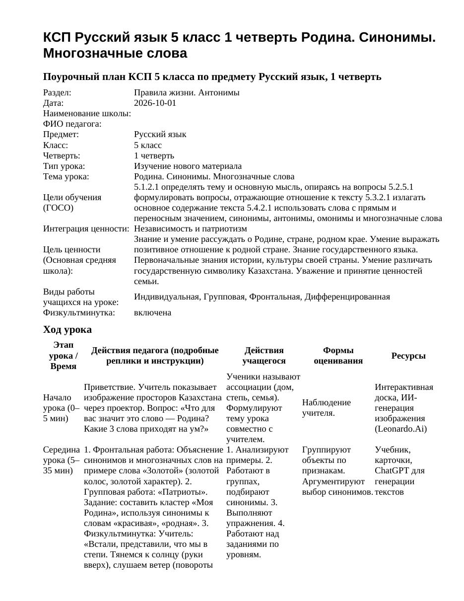 КСП Русский язык 5 класс 1 четверть Родина. Синонимы. Многозначные слова