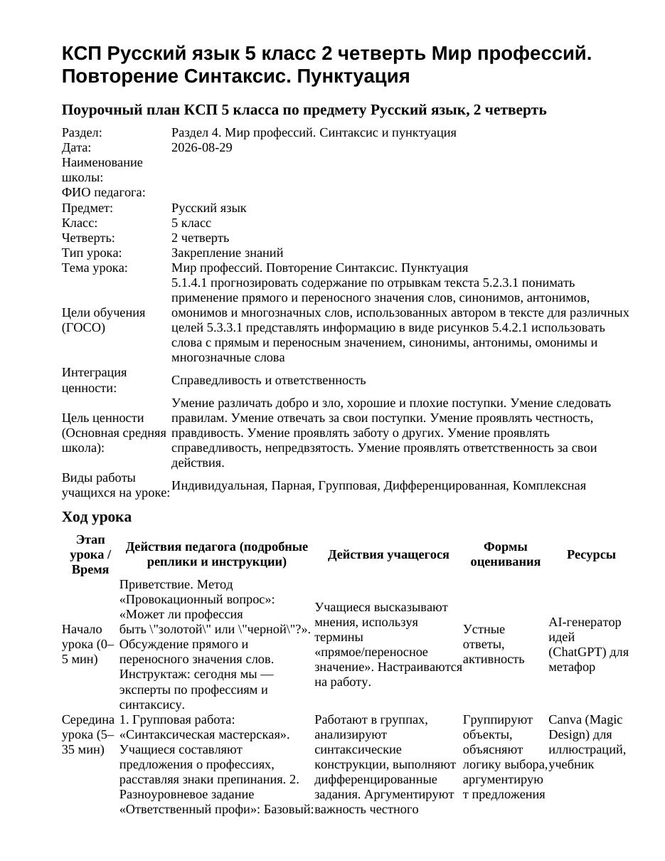 КСП Русский язык 5 класс 2 четверть Мир профессий. Повторение Синтаксис. Пунктуация