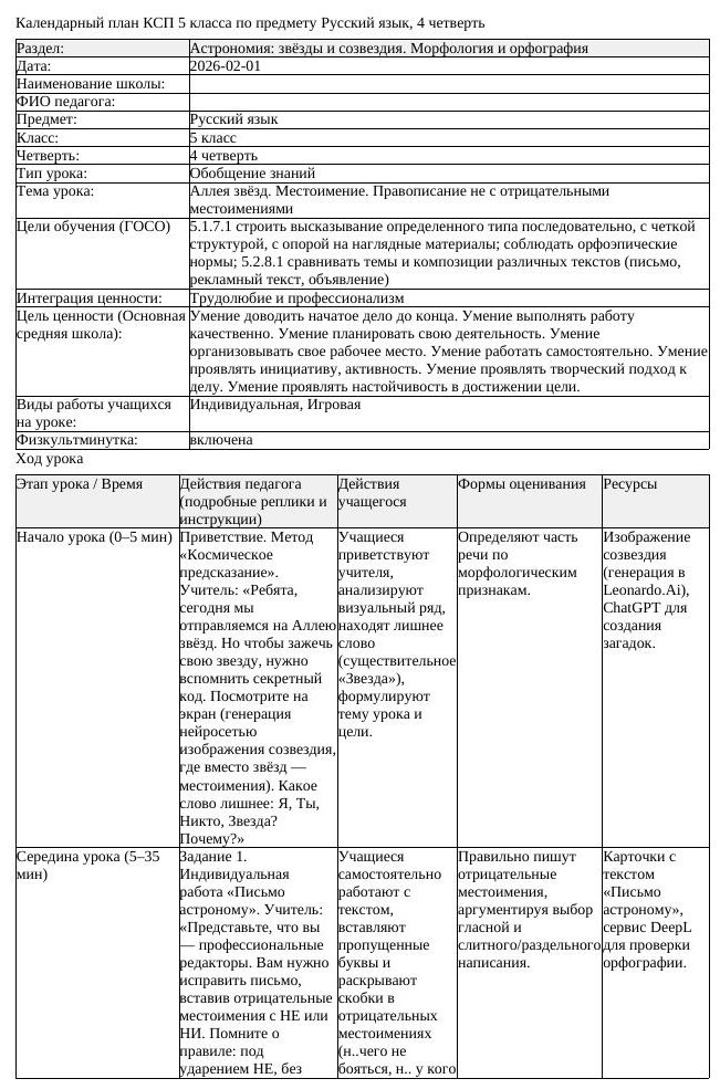 КСП Русский язык 5 класс 4 четверть Аллея звёзд Местоимение Правописание (урок 1)