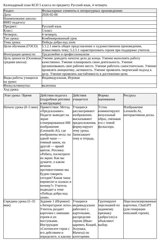 КСП Русский язык 5 класс 4 четверть Победа добра над злом docx