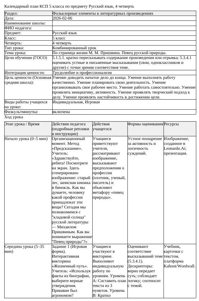 КСП Русский язык 5 класс 4 четверть По страница жизни М М Пришвина